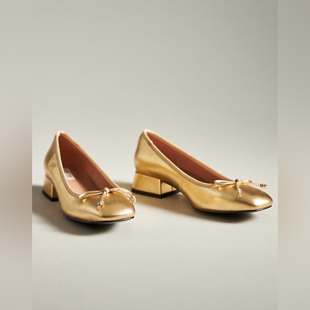 Anthropologie Metallic Gold Low Block Heel Ballet Pumps